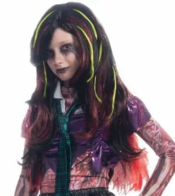 Long Black With Red And Green Streaks Child Wig